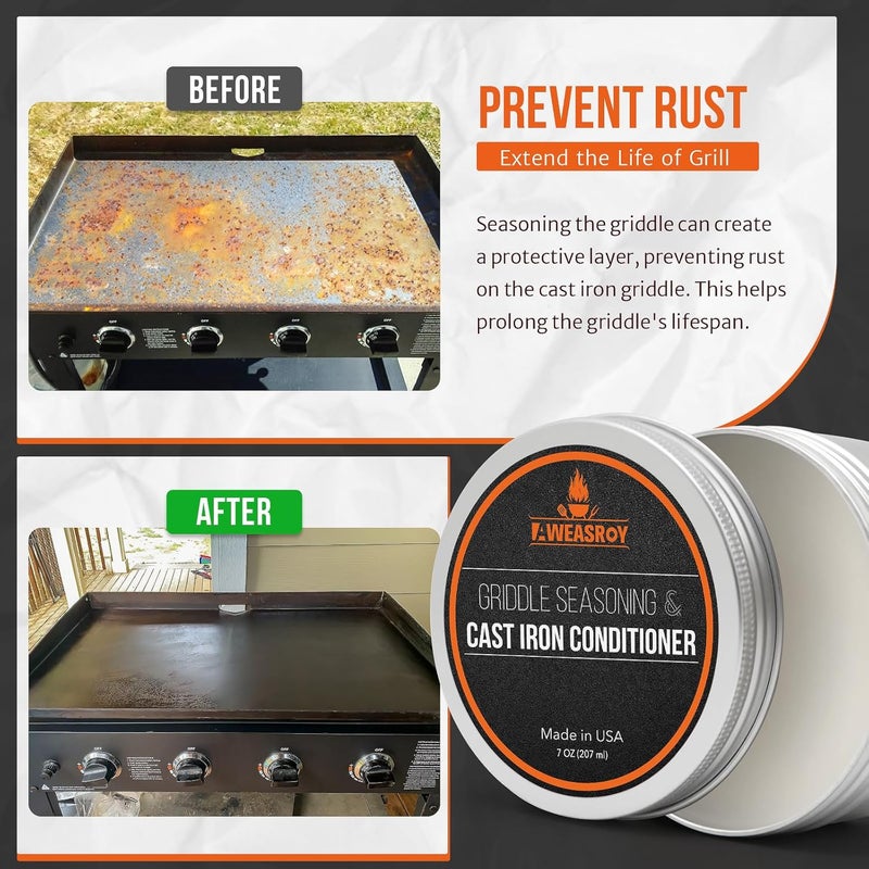 AWEASROY Griddle Seasoning & Cast Iron Seasoning Conditioner 7 OZ Care Kit, with Rust Remover Food Safe Griddle Seasoning for Blackstone, Pans, Carbon Steel – Maintain a Cleaner Non-Stick Skillet - Image 4
